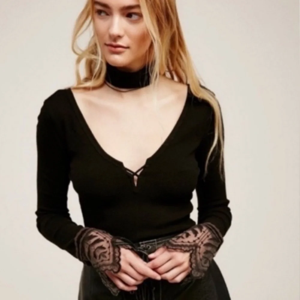 Free People Last Dance Thermal Top with Scalloped Lace Cuffs, Rare